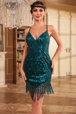 Sheath Spaghetti Straps Peacock Blue Sequins 1920s Dress with Tassel