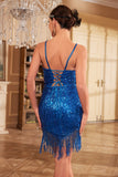 Bodycon Spaghetti Straps Blue Sequins 1920s Dress with Tassel