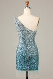 Sparkly Bodycon Spaghetti Straps Blue Sequins Short Homecoming Dress with Tassel