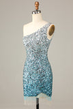 Sparkly Bodycon Spaghetti Straps Blue Sequins Short Homecoming Dress with Tassel