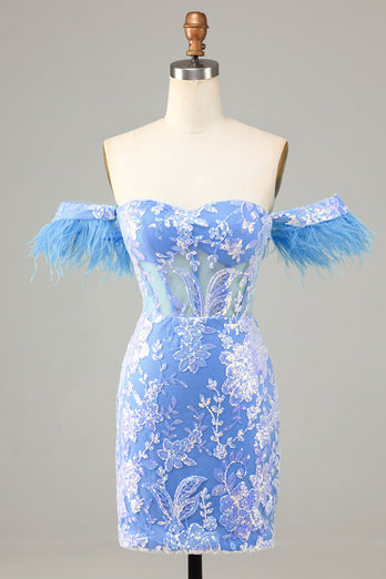 Gorgeous Sheath Off the Shoulder Blue Short Homecoming Dress with Feather