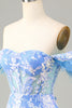 Load image into Gallery viewer, Gorgeous Sheath Off the Shoulder Blue Short Homecoming Dress with Feather