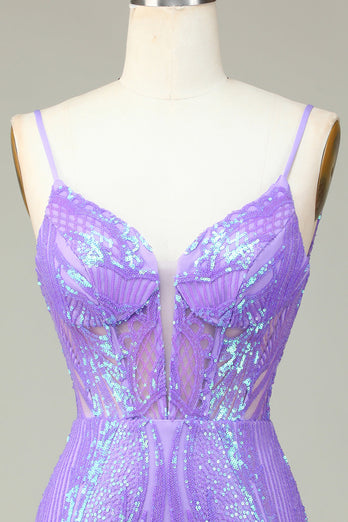Stylish Bodycon Spaghetti Straps Lilac Sequins Corset Homecoming Dress with Criss Cross Back