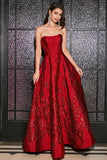 A-Line Strapless Elegant Princess Dark Red Long Prom Dress with 3D Flowers