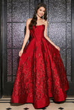 Princess A-Line Strapless Dark Red Corset Long Prom Dress with Accessory