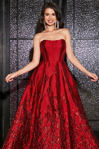 Princess A-Line Strapless Dark Red Corset Long Prom Dress with Accessory
