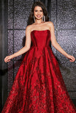 Princess A-Line Strapless Dark Red Corset Long Prom Dress with Accessory