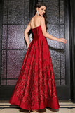 Princess A-Line Strapless Dark Red Corset Long Prom Dress with Accessory