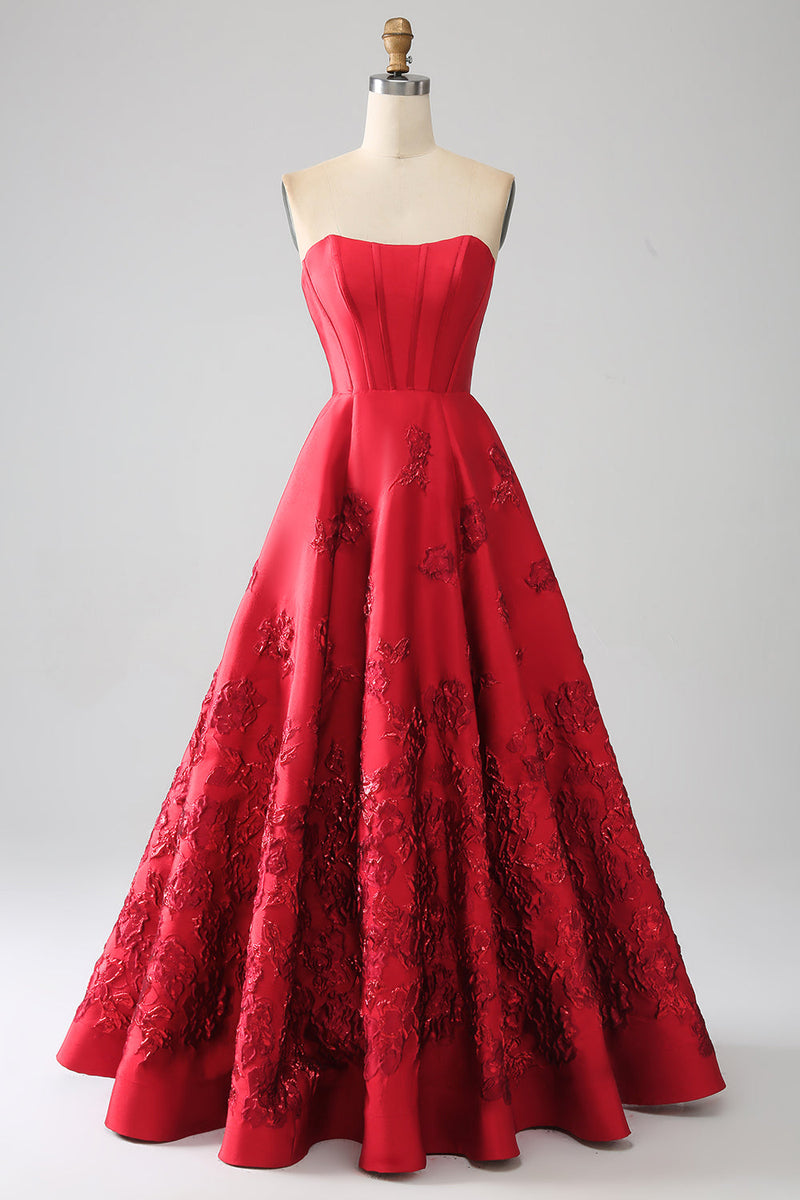 Load image into Gallery viewer, Elegant Princess A-Line Strapless Dark Red Long Prom Dress with 3D Flowers