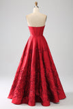 Elegant Princess A-Line Strapless Dark Red Long Prom Dress with 3D Flowers