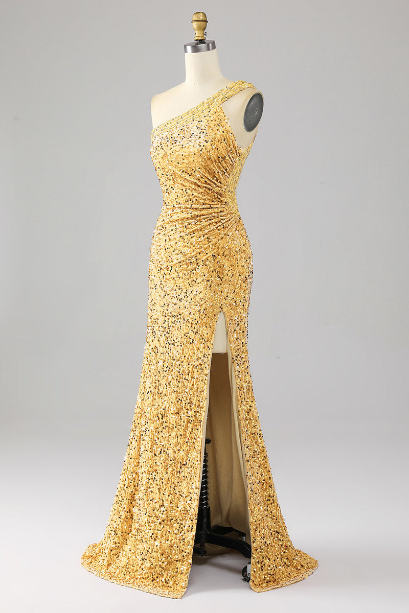 Load image into Gallery viewer, Mermaid Sequins One Shoulder Golden Prom Dress with Slit