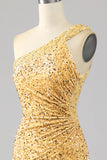 Mermaid Sequins One Shoulder Golden Prom Dress with Slit