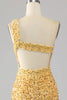 Load image into Gallery viewer, Mermaid Sequins One Shoulder Golden Prom Dress with Slit