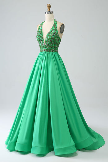 Satin Green Halter Prom Dress with Beading