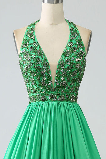 Satin Green Halter Prom Dress with Beading