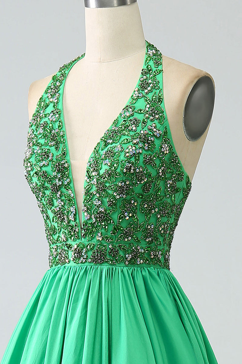 Load image into Gallery viewer, Satin Green Halter Prom Dress with Beading