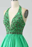 Satin Green Halter Prom Dress with Beading