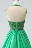 Satin Green Halter Prom Dress with Beading