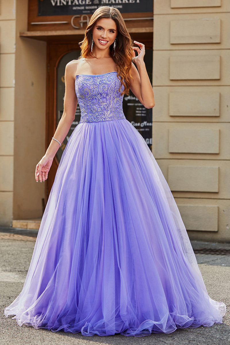 Load image into Gallery viewer, Stunning A Line Strapless Lilac Long Prom Dress with Beading