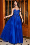 Royal Blue A-Line Sweetheart Long Beaded Prom Dress with Accessory