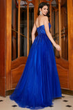 Royal Blue A-Line Sweetheart Long Beaded Prom Dress with Accessory