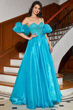 Blue A-Line Off The Shoulder Corset Beaded Prom Dress with Accessory