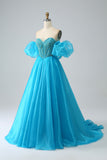 Blue Beaded Corset Prom Dress with Detachable Sleeves