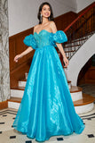 Blue A-Line Off The Shoulder Corset Beaded Prom Dress with Accessory