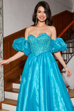 Blue A-Line Off The Shoulder Corset Beaded Prom Dress with Accessory