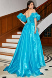 Blue A-Line Off The Shoulder Corset Beaded Prom Dress with Accessory