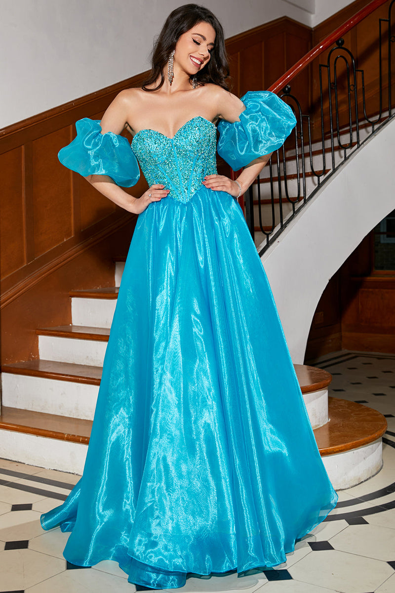 Load image into Gallery viewer, A-Line Blue Corset Prom Dress with Beading