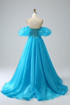 Blue Beaded Corset Prom Dress with Detachable Sleeves