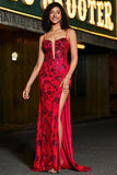 Stylish Mermaid Spaghetti Straps Dark Red Corset Prom Dress with Split Front