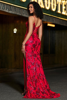 Stylish Mermaid Spaghetti Straps Dark Red Corset Prom Dress with Split Front