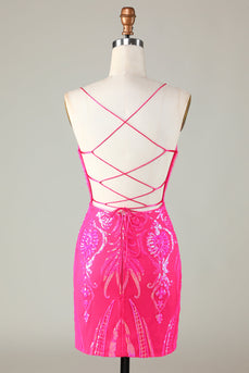 Hot Pink Lace Up Tight Glitter Homecoming Dress
