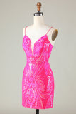 Hot Pink Lace Up Tight Glitter Homecoming Dress