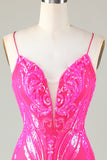 Hot Pink Lace Up Tight Glitter Homecoming Dress