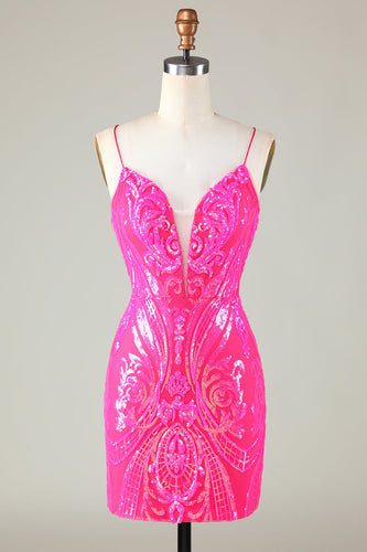 Hot Pink Lace Up Tight Glitter Homecoming Dress