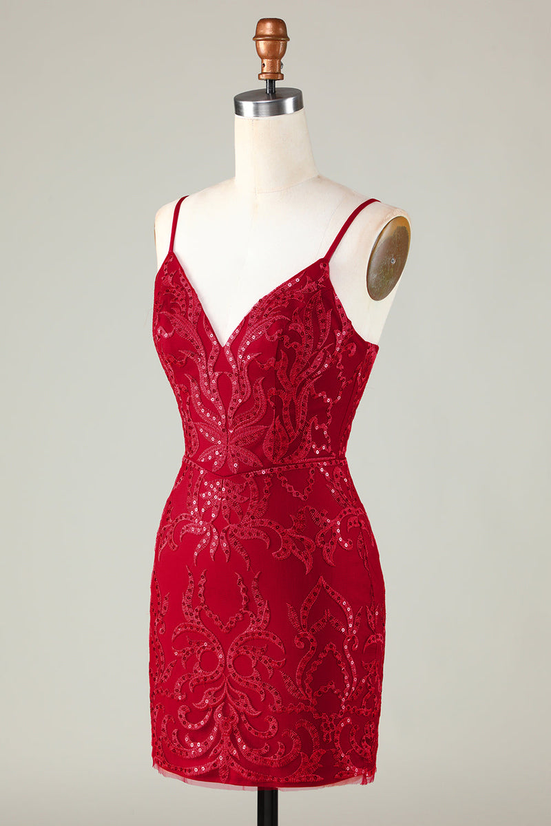 Load image into Gallery viewer, Sparkly Dark Red Sequins Spaghetti Straps Tight Short Homecoming Dress