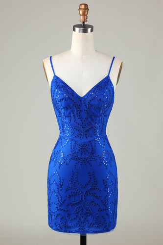 Sparkly Royal Blue Sequins Spaghetti Straps Tight Short Homecoming Dress
