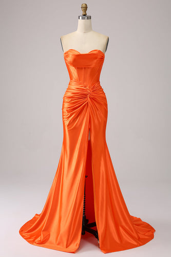 Orange Mermaid Sweetheart Corset Long Sparkly Prom Dress with Slit