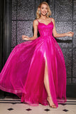 Hot Pink A-Line Spaghetti Straps Long Corset Prom Dress with Slit