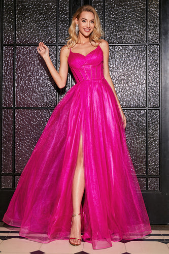 Hot Pink A-Line Spaghetti Straps Long Corset Prom Dress with Slit