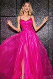 Hot Pink A-Line Spaghetti Straps Long Corset Prom Dress with Slit