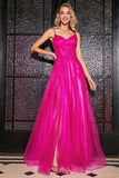 Hot Pink A-Line Spaghetti Straps Long Corset Prom Dress with Slit