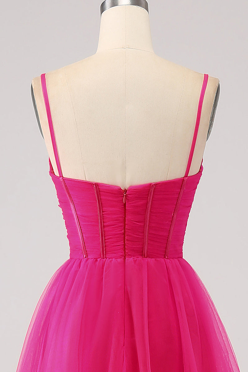 Load image into Gallery viewer, Fuchsia A-Line Spaghetti Straps Long Corset Prom Dress with Slit