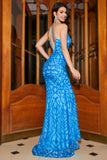 Mermaid Spaghetti Straps Blue Sequins Long Prom Dress