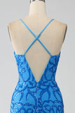 Blue Mermaid Spaghetti Straps Sequins Long Prom Dress