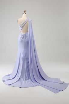 Mermaid Lilac One Shoulder Long Prom Dress with Slit