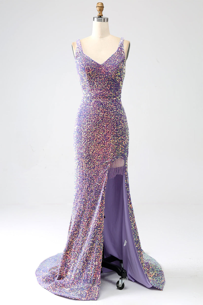Load image into Gallery viewer, Sparkly Mermaid Light Purple Sequins Prom Dress with Slit